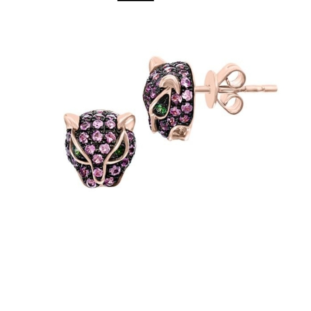 NWT 14K Rose gold, pink sapphire and tsavorite Cat Stud Earrings Made in 🇺🇸